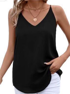 Evera B Black V-Neck Spaghetti Strap Tank Top, Women’s Large